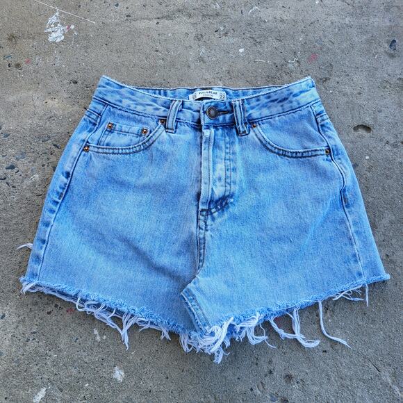 Pull and Bear Cut Off Shorts Size 24 Blue Light Wash Booty Rip Distressed Denim - Picture 1 of 9